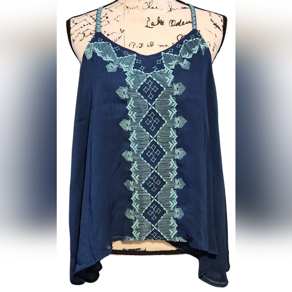 Maurices Blue Embroidered Racerback Blouse